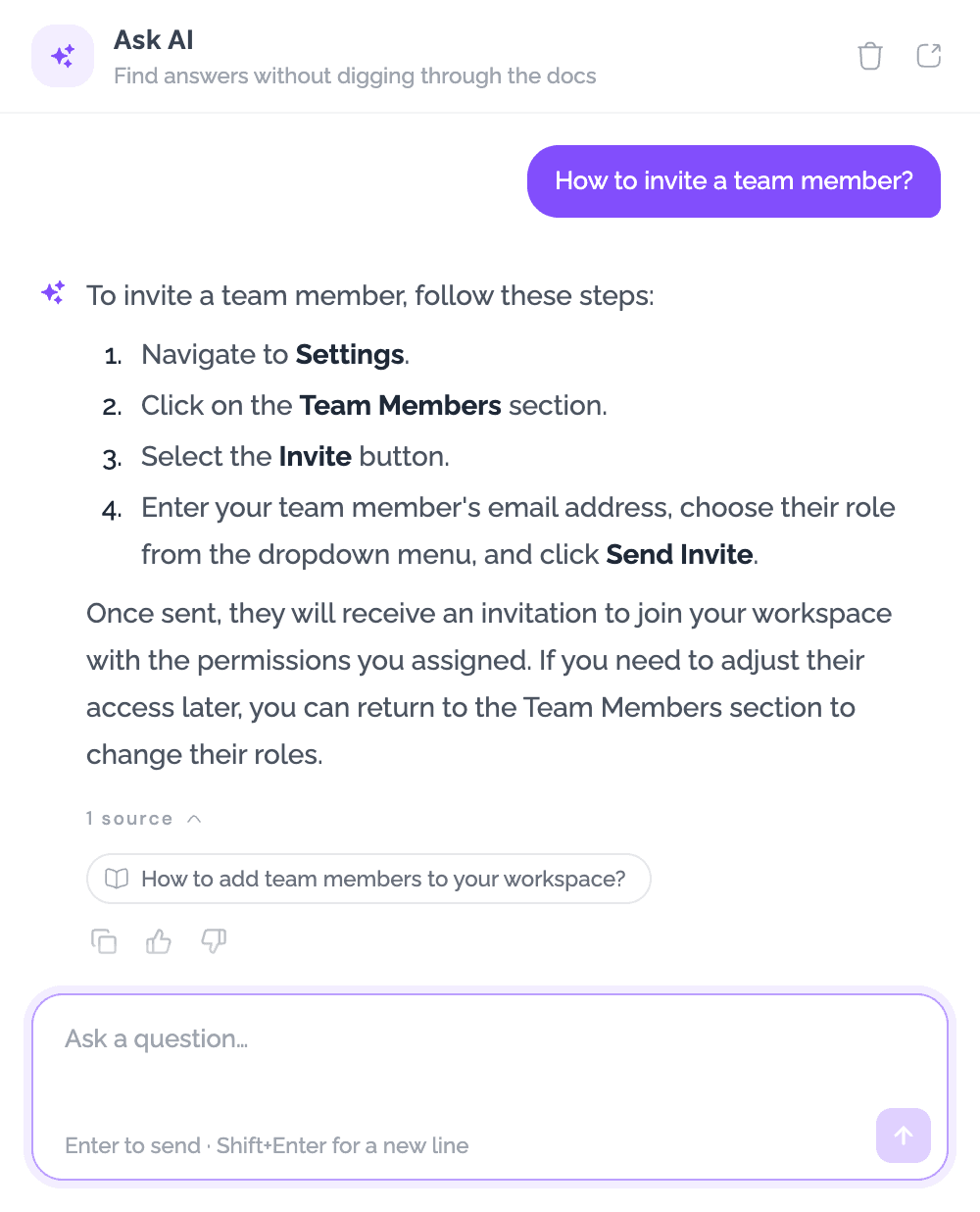 The Ask AI panel answering “How to invite a team member?” with steps and a cited source