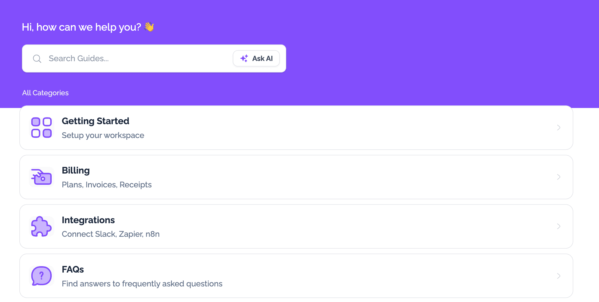 The help center widget showing the search bar and category list