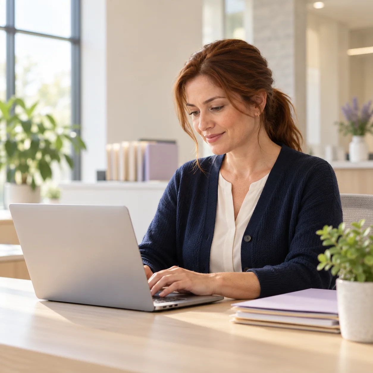 A clinic office manager finding an answer on her laptop at the front desk