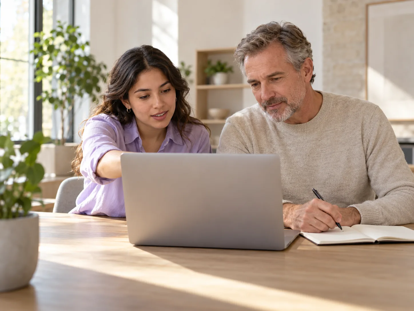 Two support teammates at a shared desk, one pointing at the laptop while the other takes notes