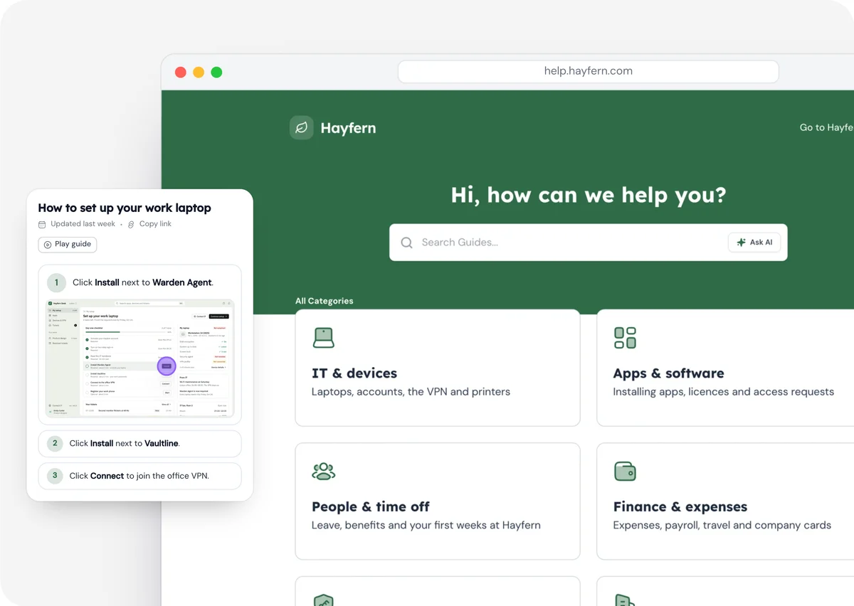 A company handbook open on the guide 'Set up your work laptop', with an assistant answering 'How do I file an expense claim?' from the team's guides
