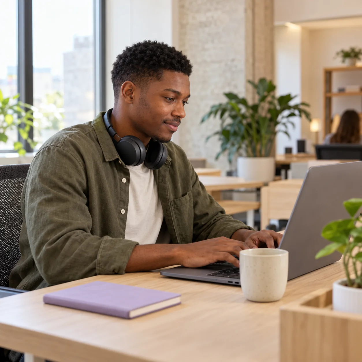 A new hire with headphones working through setup on a laptop
