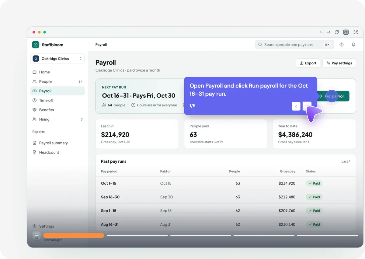 A Guidejar walkthrough of running payroll in Staffbloom, stepping from Run payroll through approving hours to the day everyone gets paid